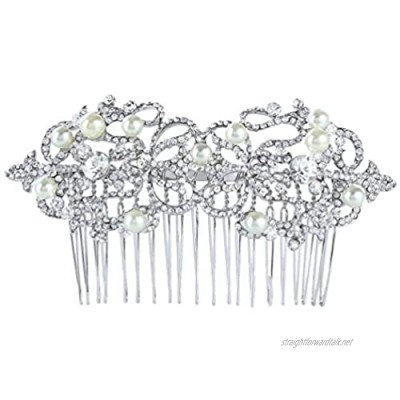 EVER FAITH Austrian Crystal Simulated Pearl Bridal Flower Leaf Hair Comb Clear Silver-Tone