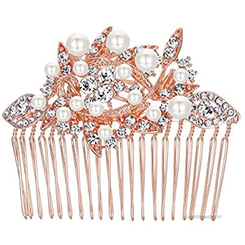 EVER FAITH Crystal Art Deco Ivory Color Simulated Pearl Floral Leaf Branch Hair Comb Clear