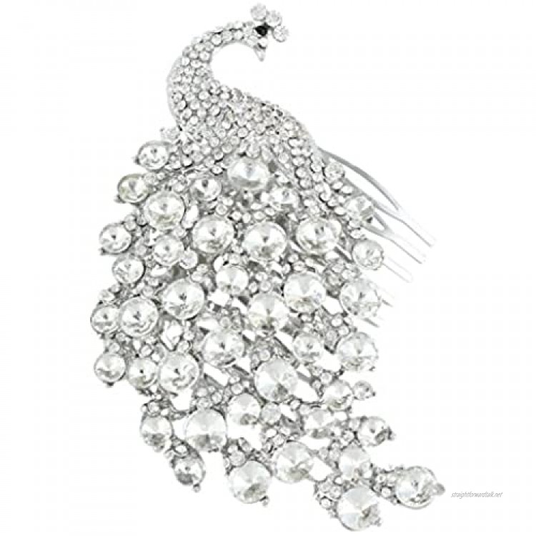 EVER FAITH Women's Austrian Crystal Elegant Peacock Bird Animal Hair Comb Clear Silver-Tone