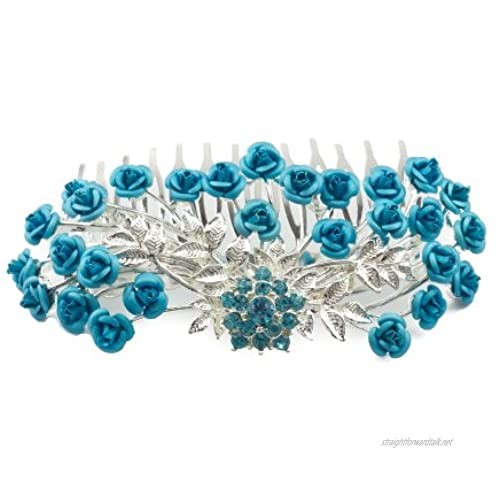 Mytoptrendz Silver Plated Rose Flower And Petals Rhinestone Hair Comb Wedding Headpieces Headdress Bridal Hair accessory (Blue)