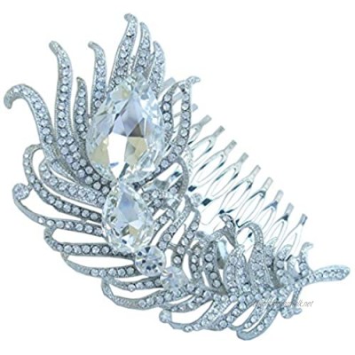 Sindary Luxury 4.33" Silver Tone Clear Austrian Crystal Peacock Feather Hair Comb Wedding Headpiece UKH5038