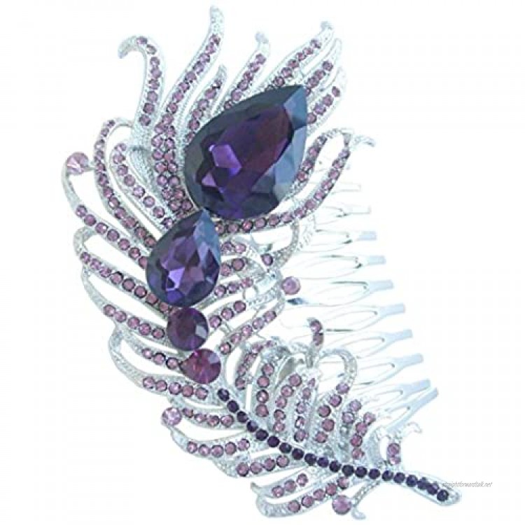 Sindary Luxury 4.33 Silver Tone Purple Rhinestone Crystal Peacock Feather Hair Comb Wedding Headpiece UKH5038