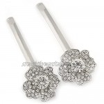Avalaya 2 Bridal/Prom Clear Crystal Flower Hair Grips/Slides in Rhodium Plated Metal - 60mm Across