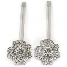 Avalaya 2 Bridal/Prom Clear Crystal Flower Hair Grips/Slides in Rhodium Plated Metal - 60mm Across