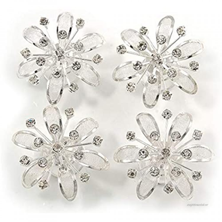 Avalaya Bridal/Wedding/Prom/Party Set of 4 Rhodium Plated Crystal Floral Spiral Twist Hair Pins