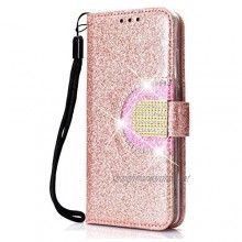 DENDICO Huawei P30 Wallet Case Glitter Shiny Case with Mirror and Card Holder for Huawei P30 Shockproof Flip Book Cover Protective Case - Rose Gold