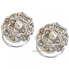fashionjewellery4u 2 Silver Rose Flower Swirl Hair Pins Bride Boutique Bridal Wedding Prom Pearl Crystal Diamante Spring Coils Spirals Twists - 1.5cm Dia