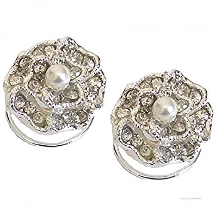 fashionjewellery4u 2 Silver Rose Flower Swirl Hair Pins Bride Boutique Bridal Wedding Prom Pearl Crystal Diamante Spring Coils Spirals Twists - 1.5cm Dia