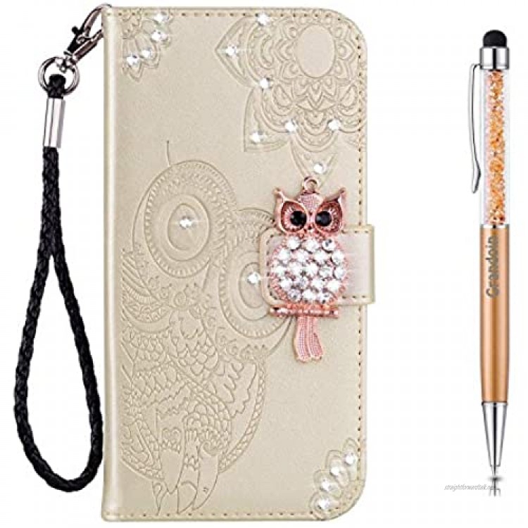 Grandoin Case for Samsung Galaxy Note 10 [Owl Series] Bling Sparkly Diamonds Gems Premium PU Leather Magnetic Flip Cover with Card Slots Holders Wallet Case Full Protection (Gold)
