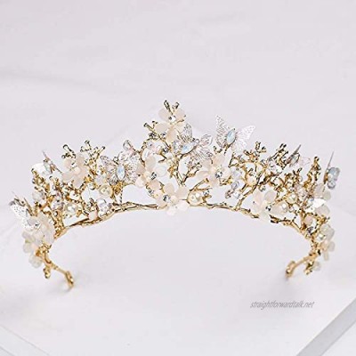 OKMIJN Gold Butterfly Crown Flowers Wedding Prom Tiara Headband Pearl Bridal Headpieces Brides Hair Accessories Hairband