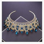 OKMIJN Vintage Gold Color Large Blue Tiara Crystal Crown Birdal Wedding Headdress For Bridal Prom Hair Jewelry