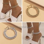 1 Pair Cuban Link Chain Ankle Bracelet Punk Chunky Anklet Adjustable Thick Anklets Beach Barefoot Foot Jewelry Accessories Gifts for Women Girls Men Silver Gold Color