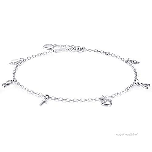 Billie Bijoux Women's 925 Sterling Silver Adjustable Anklet Cross Infinity Wish Bone Four Leaf Clover Heart Charm White Gold Plated 10.63"