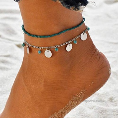 Bohend Bohe Beach Anklets Silver Sequin Ankle Bracelet MultiLayered Turquoise Anklet Adjustable Bead Foot Chain Jewelty for Women and Girls