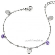 COOLSTEELANDBEYOND Stainless Steel Anklet Bracelet with Charms of Purple Cubic Zirconia and Oval