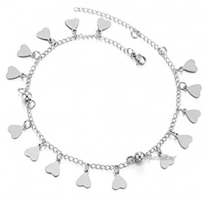 COOLSTEELANDBEYOND Stainless Steel Anklet Bracelet with Dangling Charms of Hearts