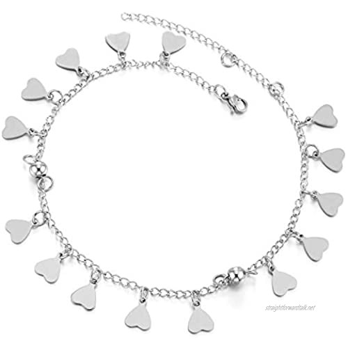 COOLSTEELANDBEYOND Stainless Steel Anklet Bracelet with Dangling Charms of Hearts