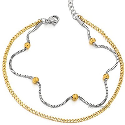 COOLSTEELANDBEYOND Stainless Steel Two-Row Anklet Bracelet with Charms of Balls Gold and Silver