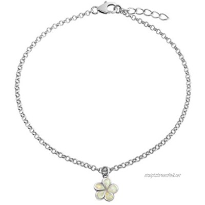 Created White Opal Inlay Plumeria Flower Anklet Link Chain Ankle Bracelet For Women Sterling Silver Adjustable