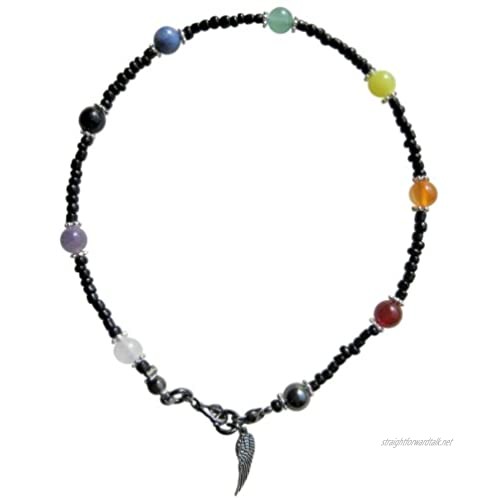 Dellenro ~ 9 Chakra Black ~ Handcrafted Gemstone Beaded Anklet Ankle Chain Ankle Bracelet 10.5" or Any Size