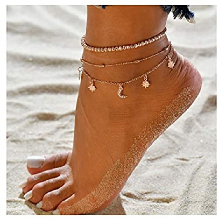 Edary 3 Layered Anklets Gold Ankle Bracelet Leaf Foot Accessories Jewelry Adjustable for Women and Girls