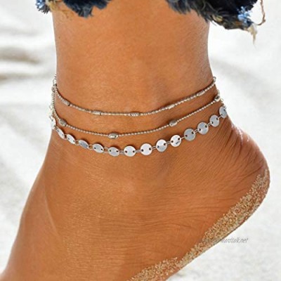 Fashband Silver Fashion Sequins Anklets Layered Summer Beaded Ankle Bracelet Boho Jewelry Beach Anklet Chain Adjustable for Women Girls Friends