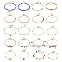Finrezio 20Pcs Boho Layered Anklet Bracelet Set for Women Stars Pearl Flower Anklet Adjustable Beach Foot Jewelry Set Gold Tone