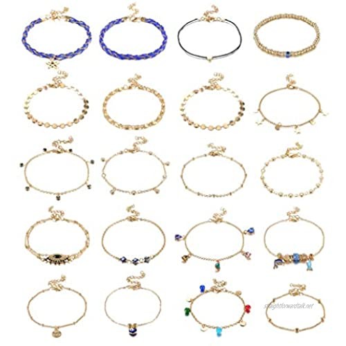 Finrezio 20Pcs Boho Layered Anklet Bracelet Set for Women Stars Pearl Flower Anklet Adjustable Beach Foot Jewelry Set Gold Tone