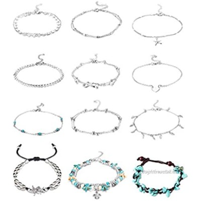 FUNRUN JEWELRY 12 PCS Ankle Bracelet for Women Girls Starfish Turquoise Barefoot Beach Anklet Foot Jewelry Set Adjustable