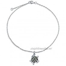 Green Turtle Enamel Nautical Dangle Charm Anklet Link Ankle Bracelet For Women 925 Sterling Silver 9 To 10 Inch