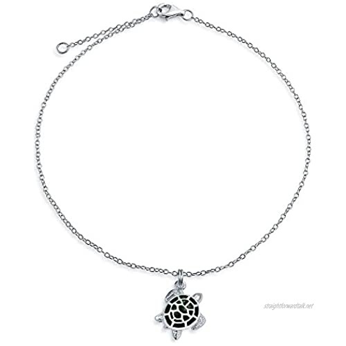 Green Turtle Enamel Nautical Dangle Charm Anklet Link Ankle Bracelet For Women 925 Sterling Silver 9 To 10 Inch
