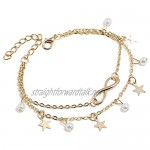 HOOPEN Women Star Pearl Tassels Anklet Bracelets Boho Infinity Barefoot Beach Sandals Jewelry(2Pcs/Gold)