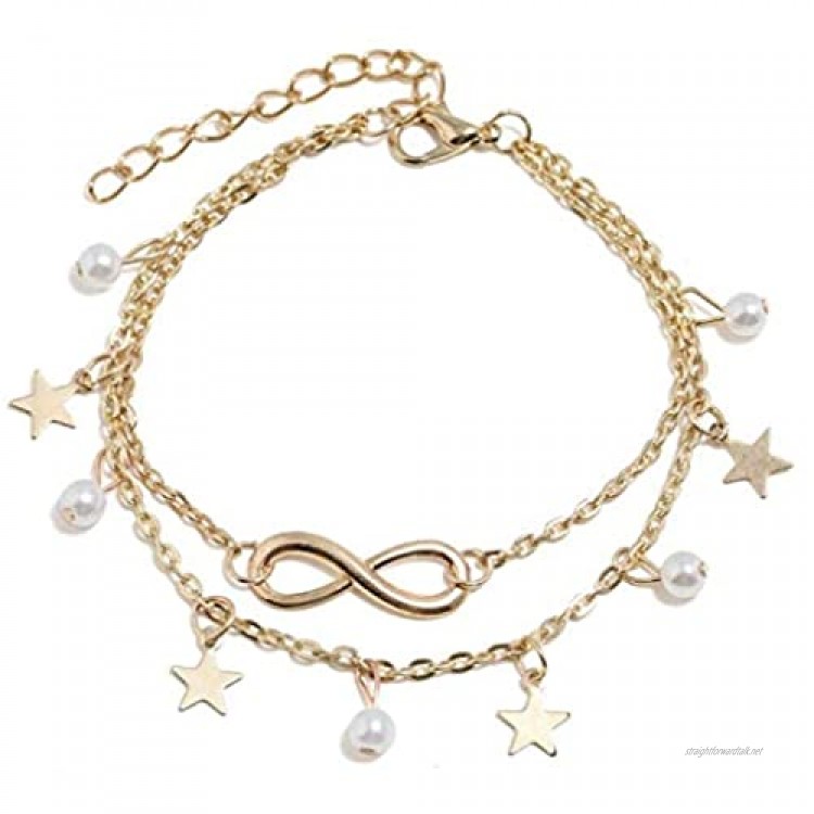 HOOPEN Women Star Pearl Tassels Anklet Bracelets Boho Infinity Barefoot Beach Sandals Jewelry(2Pcs/Gold)