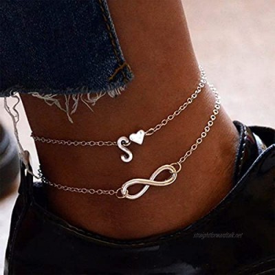 Larancie Silver Elegant And Versatile Double Chain Anklet Heart-Shaped S Letter 8-Character Pendant Anklet Is An Anklet For Fashionable Women And Girls