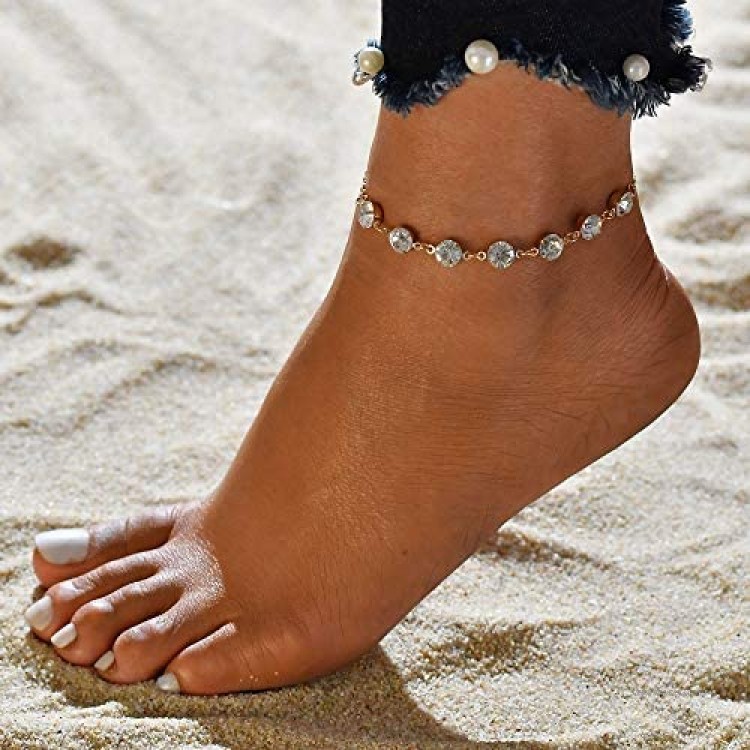 Mayelia Boho Crystal Ankle Bracelets Gold Foot Jewelry Beach Anklet for Women and Girls