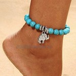 pengyu Elephant Charm Faux Turquoise Beaded Anklet Beach Women Ankle Chain Foot Jewelry