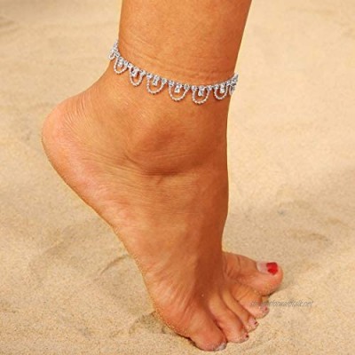 Sethexy Boho Crystal Anklet Bracelet Silver Tassel Wave Pendants Foot Chain Rhinestone Sandbeach Foot Jewelry for Women and Girls (1Pcs)
