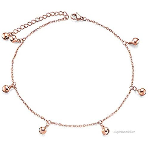 SHEGRACE Bells Anklet for Women Stainless Steel Charm Ankle Bracelet Adjustable Rose Gold Foot Chain Jewelry Gift for Summer