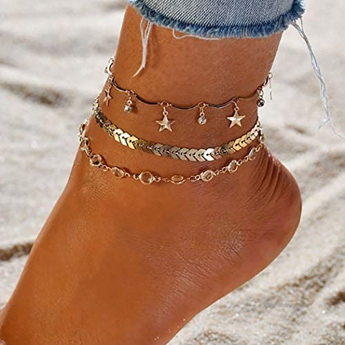 Simsly Tassel Star Anklets Gold Layered Crystal Ankle Bracelets Beach Foot Jewelry Accessories Adjustable for Women and Girls(3pcs)