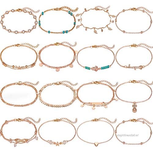 Starain 12 Pieces Cute Ankle Bracelets Women Girls Adjustable Heart Elephant Layered Anklets Set Gold Silver Beach Foot Jewelry