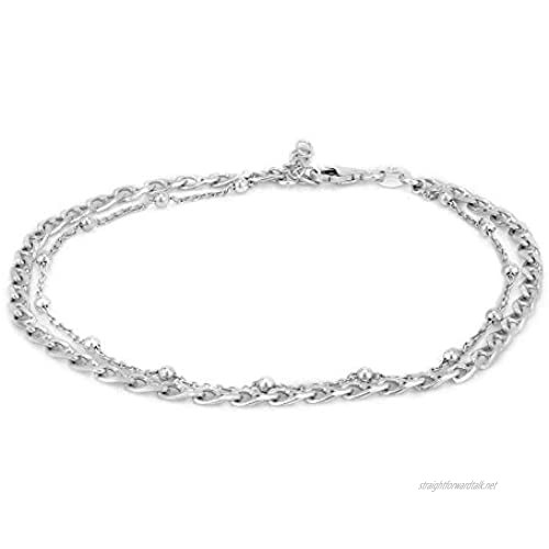 Vanbelle Sterling Silver Jewelry Double Layered Beaded Chain Anklet with Rhodium Plating for Women and Girls