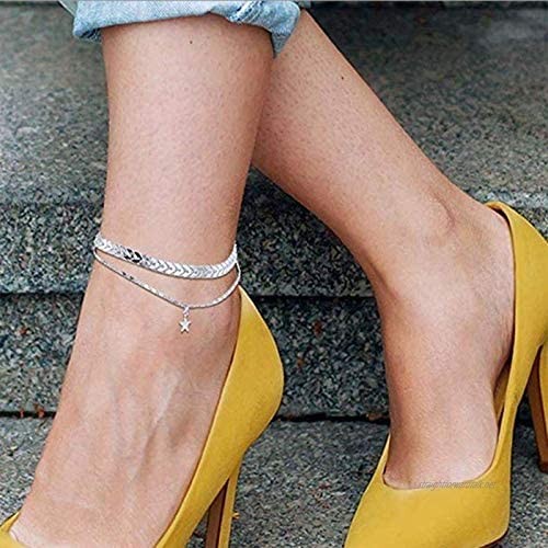 Yienate Boho Silver Chevron Charm Anklet Dainty Cute Tiny Lucky Star Pendant Arrow Direction Ankle Chain Bracelet Beach Foot Chain Jewelry for Women and Girls