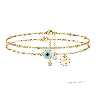Yoosteel Initial Evil Eye Ankle Bracelets for Women 14k Gold Plated Double Evil Eye Initial Anklet Adjustable Dainty Charm Beach Jewelry Gifts 26 Letter Options A-Z Ankle Bracelets for Women