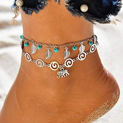 Zoestar Boho Double Turquoise Ankle Bracelet Silver Leaf Anklet Elephant Foot Jewelry for Women and Girls