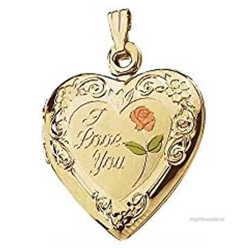 14ct Yellow Gold 20x19 mm Enameled Roses"I Love You" Heart Locket Pendants for Women