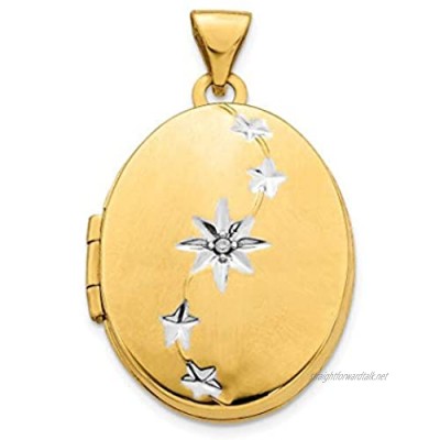 14ct Yellow Gold and White Rhodium Brushed Polished Diamond Stars Oval Photo Locket Pendant Necklace Jewelry Gifts for Women