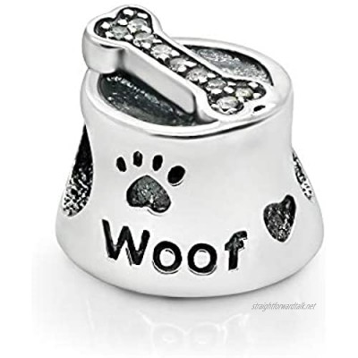 925 Sterling Silver Dog Bowl & Bone with Cubic Zirconia Bead Charms Fit Major Brand Bracelet
