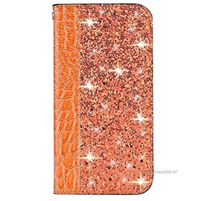 Boloker for Sony Xperia 10 Case [With Tempered Glass Screen Protector] [Kickstand] [Card Holder] Premium Soft PU Leather Bling Sparkly Design Protective Case(Orange)