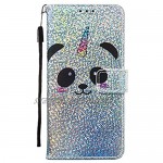 Boloker Glitter Case for Motorola Moto E6 [With Tempered Glass Screen Protector] [Kickstand] Bling Sparkle Colorful Pattern Design Flip Magnetic Premium PU Leather Case (Panda)
