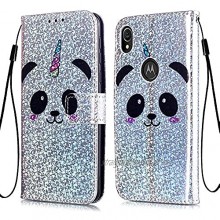 Boloker Glitter Case for Motorola Moto E6 [With Tempered Glass Screen Protector] [Kickstand] Bling Sparkle Colorful Pattern Design Flip Magnetic Premium PU Leather Case (Panda)